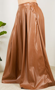 Faux Leather Palazzo Pants - Brown